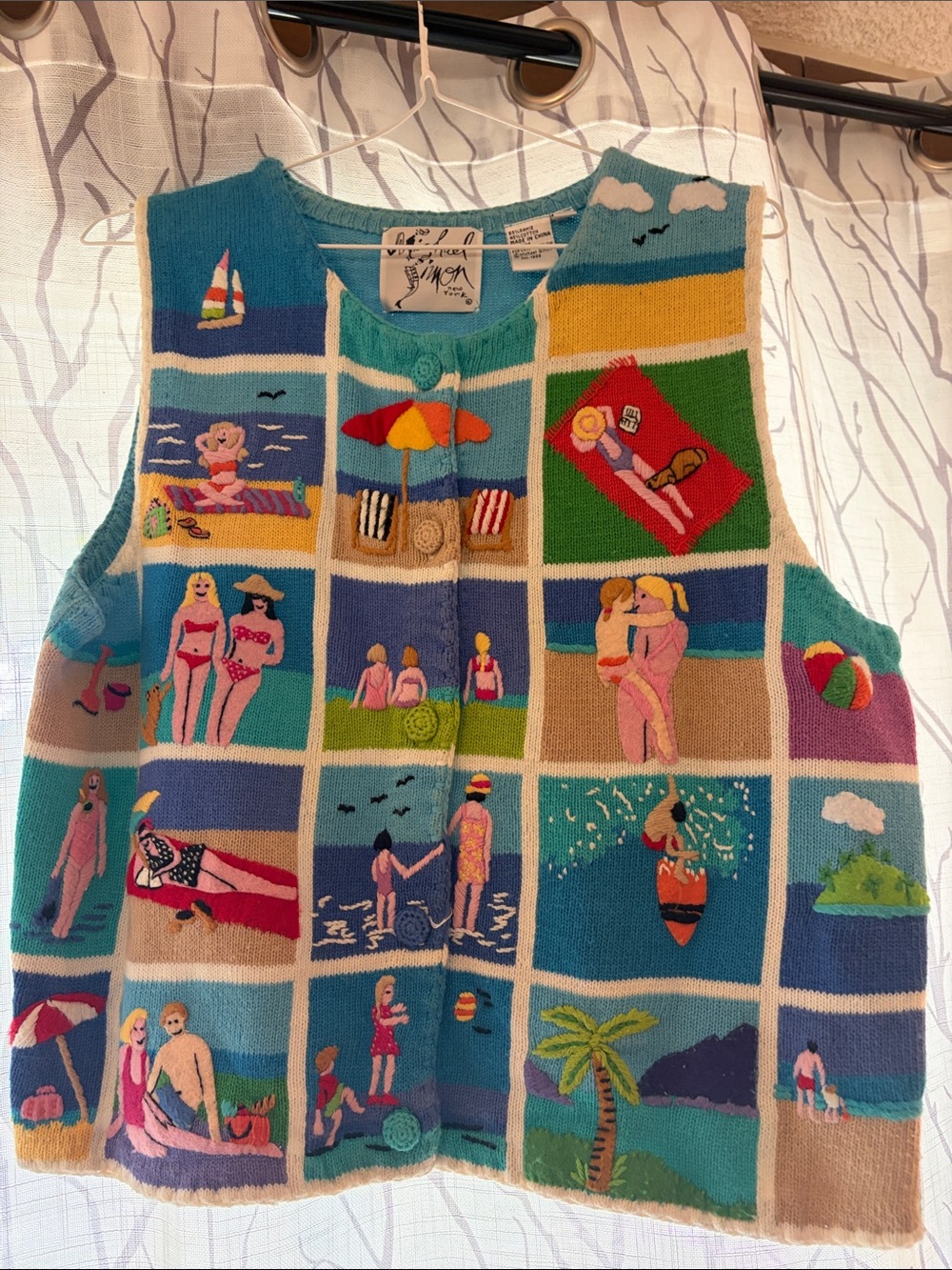 Michael Simon Colorful Beach Scene Knit Vest with Patchwork Panels